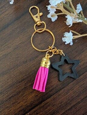 Handcrafted Gold Plated Star & Tassel Bagcharm-Black & Pink